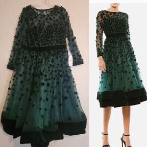 $498 NEW Mac Duggal tea length Dark Green floral long sleeve floral dress 14 NWT